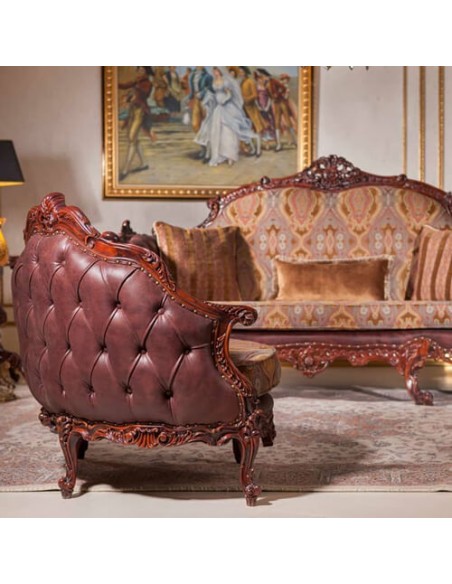 brown leatherette and velvet accent chair - backward