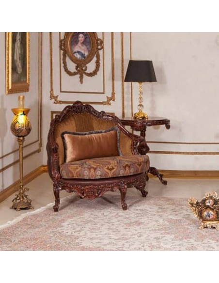 brown leatherette and velvet accent chair