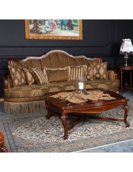 wood frame 3 seater sofa and coffee table