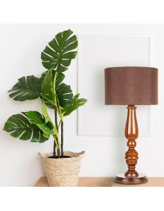tan brown wooden table lamp with brown shade