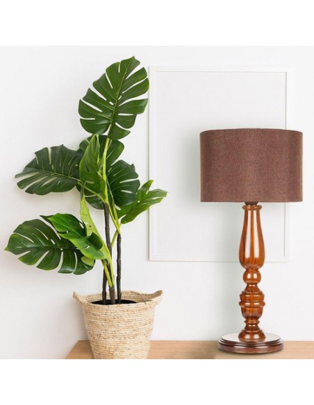 tan brown wooden table lamp with brown shade