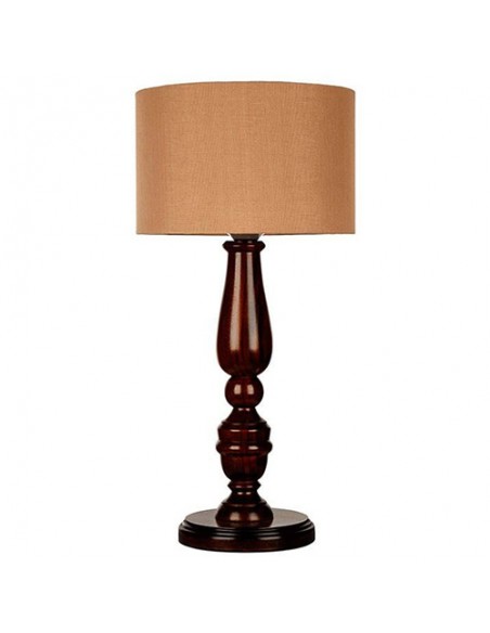brown wooden table lamp with tan brown shade