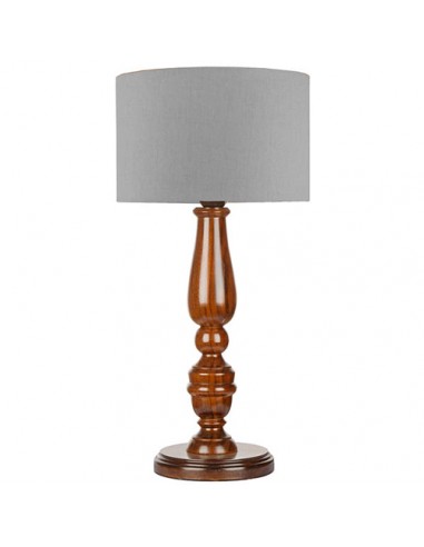 tan brown wooden table lamp with grey shade