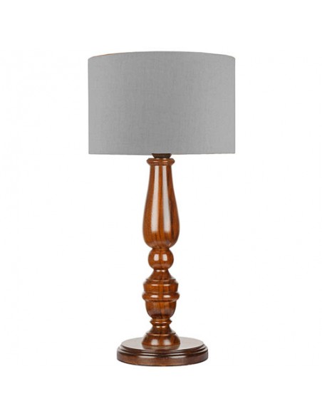tan brown wooden table lamp with grey shade