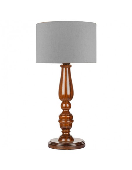 tan brown wooden table lamp with grey shade