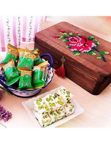 Pistachio Gaz Candy| Mozaffari Gaz with Wooden Box and Handmade Embroidery