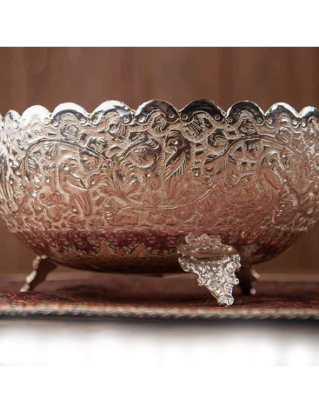 Details of nut bowl made from brass and silver coating by hand engraving technique HC-1409
