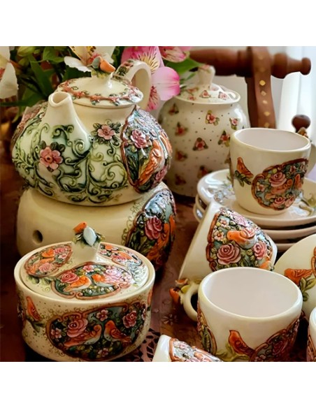 handmade tea set embossed motifs