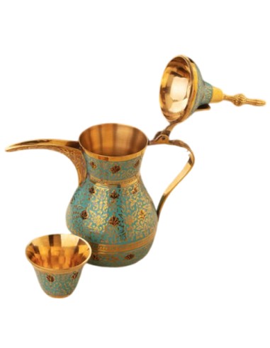 Brass blue and golden coffee cup and pot