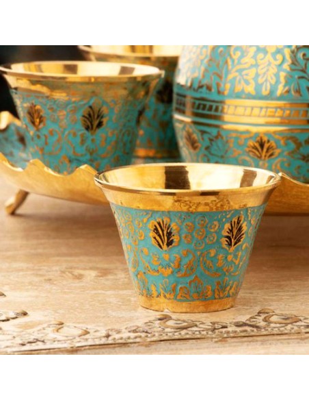 Brass blue and golden coffee set details