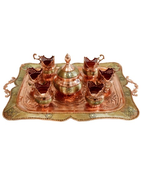 woodwork on copper Khatamkari tea set