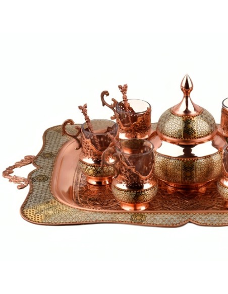 inlaid woodwork on copper Khatamkari tea set
