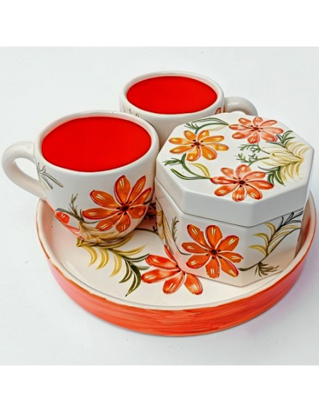 orange ceramic tea set for two