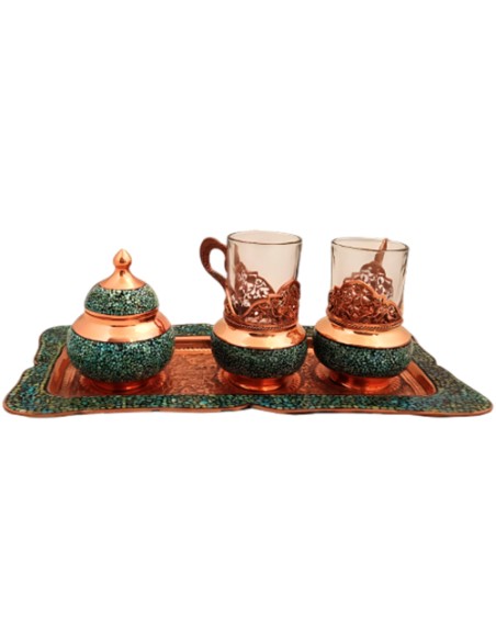 turquoise inlaid tea set for two