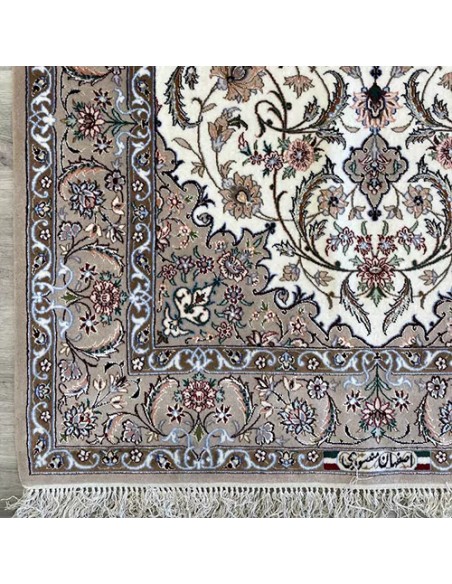 Isfahan 3x5 Grey and White Handmade Silk Rug - Corner VIew