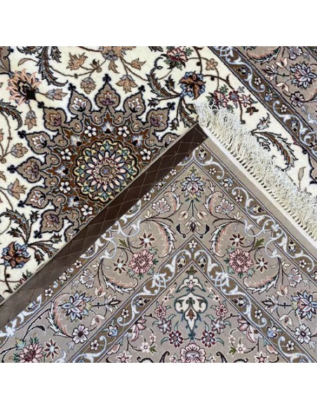 Isfahan 3x5 Grey and White Handmade Silk Rug - Back VIew