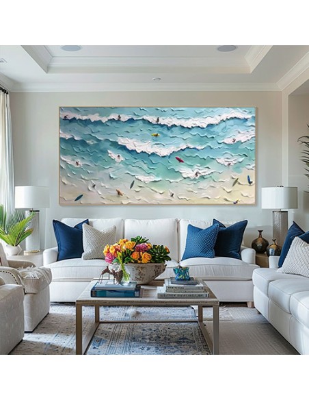 Surfers on Sea Wave Abstract Painting in Living Room
