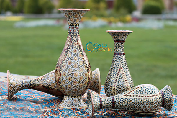 Inlaid decorative pots made from copper by Persian art and crafts