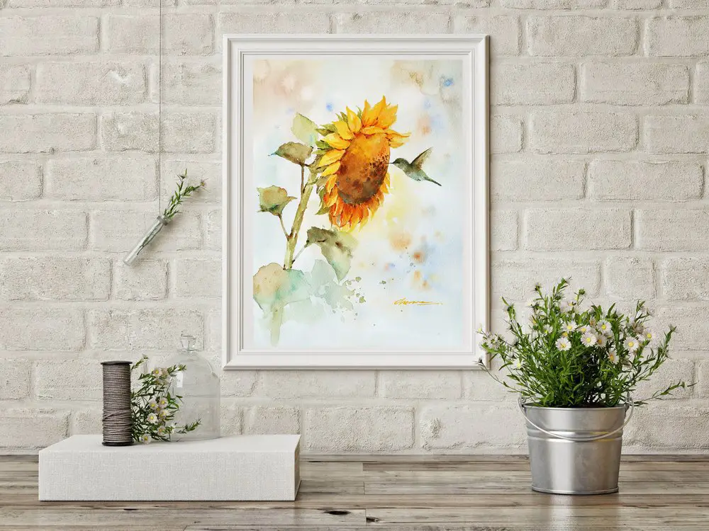Sunflower Watercolor Painting in Decor