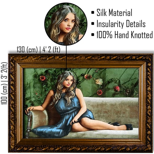 Vintage decorative hand made silk tableau rug "The Sedentary Colleen AG-789" description