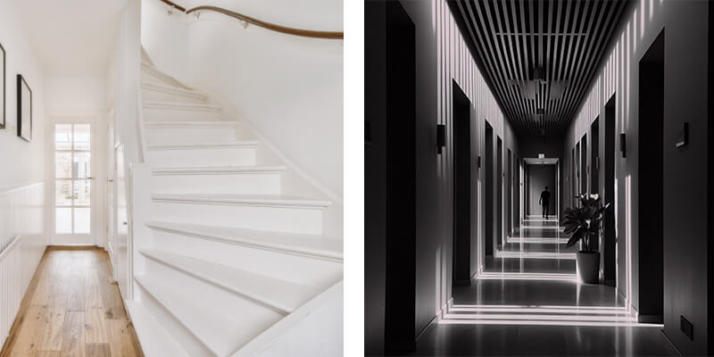 monochromatic colour shades in narrow hallway