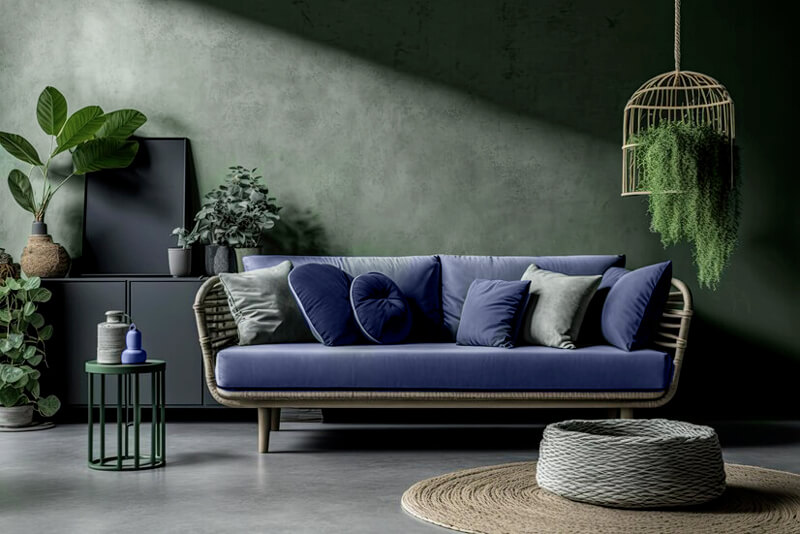 navy and grey living room with green