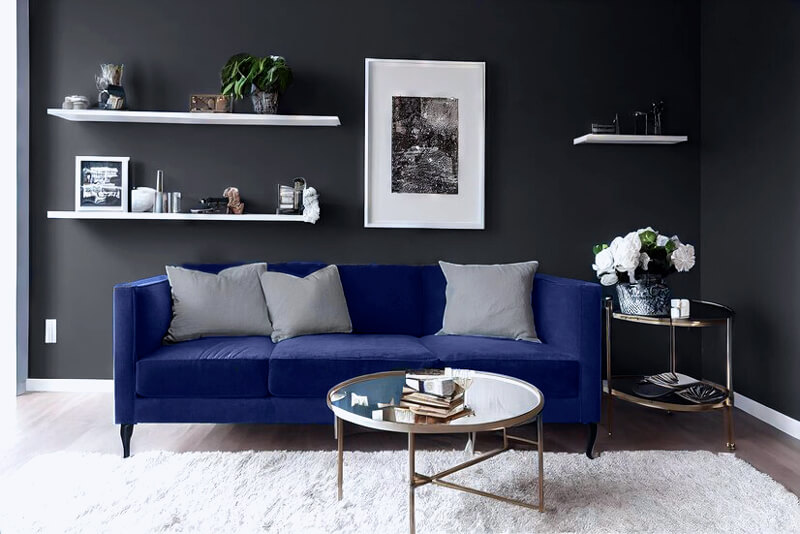 navy and grey living room with white