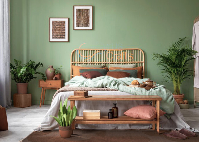 brown and sage green bedroom