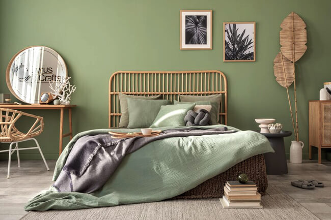 cream and sage green bedroom
