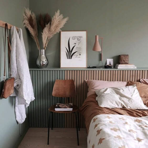 sage green and brown bedroom