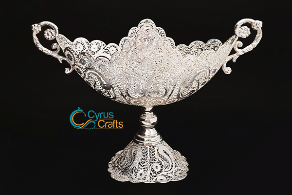 filigree candy dish made from copper and silver coating by Persian art