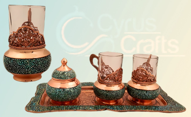 buy turquoise inlaid tea set for two