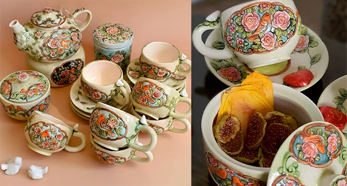handmade tea sets with embossed motifs