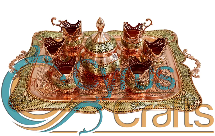 inlay woodwork on copper Khatamkari tea set