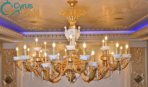 Golden Brass Chandelier with Ceramic Sculptures