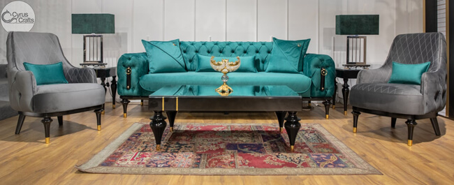 aquamarine-and grey-velvet-sofa-set-description