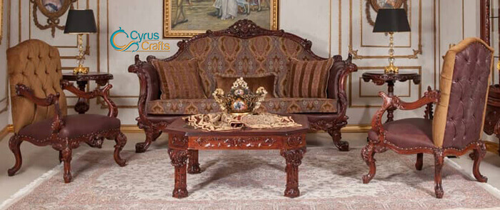 brown leatherette and velvet woodcarving sofa set