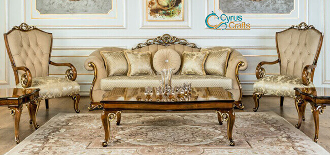 camelback beige and brown wood frame sofa set