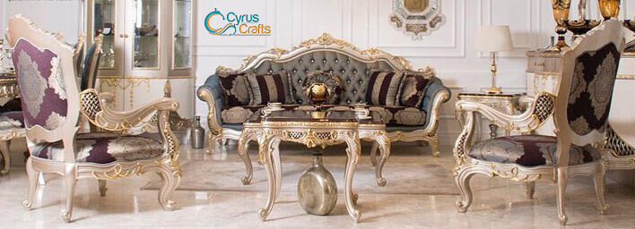 classic cinereous wooden marbled sofa set