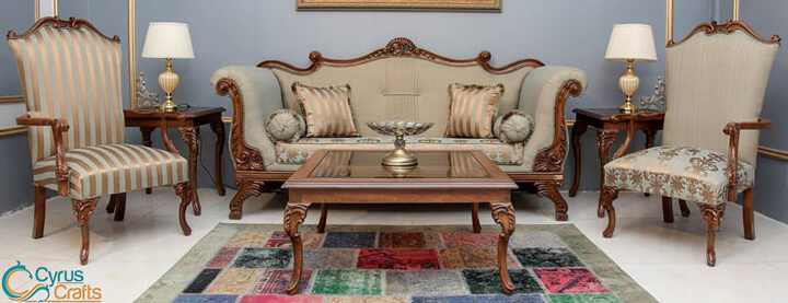 wooden sofa and armchairs in cotton with coffee table