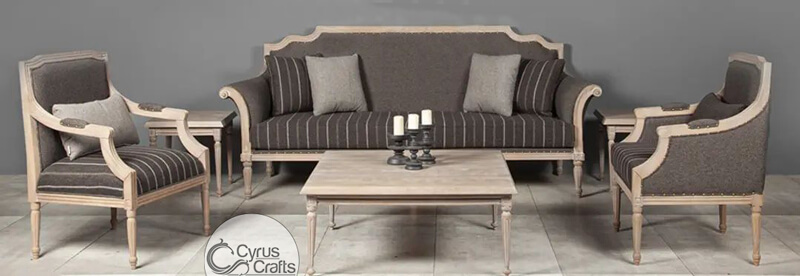 grey wooden cotton sofa set