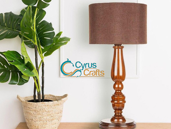 brown wooden table lamp with tan brown base
