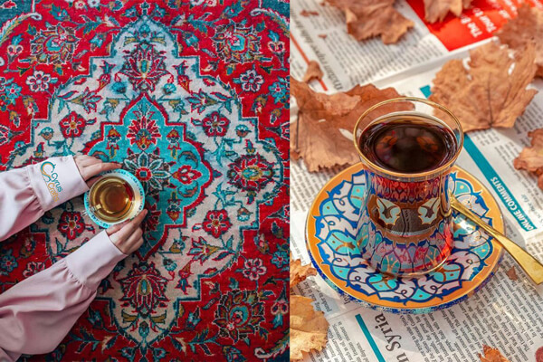 Persian tea on a red silk Iranian rug